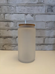16oz frosted glass can / tumbler with bamboo lid reusable straw for sublimation
